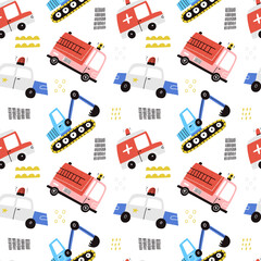 Cartoon emergency vehicles vector seamless pattern. Cute kids ambulance © faveteart