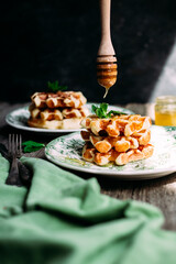 cottage cheese waffles with honey on a plate
