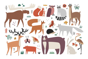 Collection of hand drawn vector woodland animals isolated on white background. Set of forest mammals, birds, insects in scandinavian style