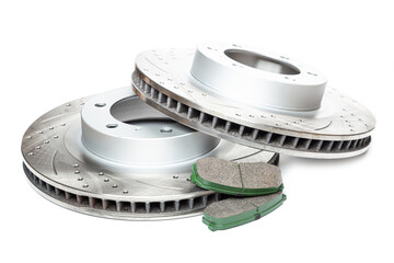 Perforated brake discs, ceramic pads - everything for better braking. on a white background