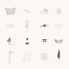 Mystical icons isolated vector set includes poison, crystal ball, bottle, butterfly, moth, planets, crown, fox