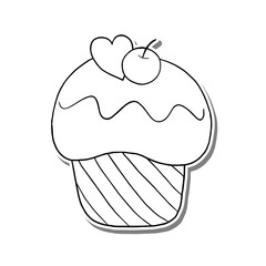 Black line cupcake on white silhouette and gray shadow. Hand drawn cartoon style. Doodle for coloring, decoration or any design. Vector illustration of kid art.