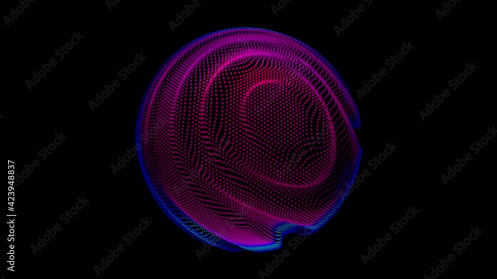 Poster distortion waves on abstract sphere of particles loop. digital data splash of spherical point array.