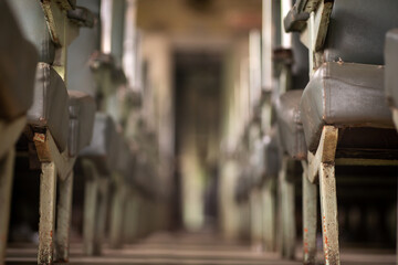 The passenger seat in an old train carriage.Old Thai train.shallow focus effect.