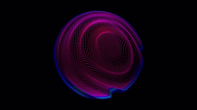 Distortion waves on abstract sphere of particles loop. Digital data splash of spherical point array. Round waveform UI element. Futuristic glitch