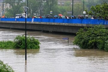 Vistula river flood in the center of Cracow, Poland
