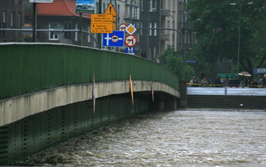 Vistula river flood in the center of Cracow, Poland