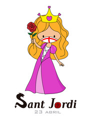 Sant Jordi traditional festival of Catalonia Spain. Princess with masks against covid-19 and a rose in her hand