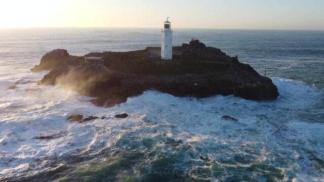 godrevy lighthouse at sunset aerial drone photography cornwall uk near gwithian and Hayle 