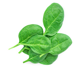 Fresh Spinach leaves isolated on white background. Various greens Spinach Macro. Top view. Flat...