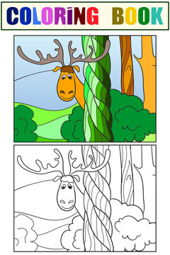Set of coloring book and color picture. The elk looks behind the tree.