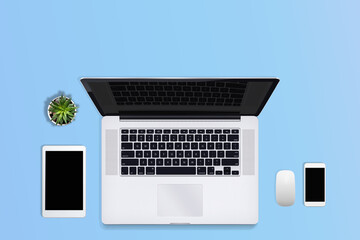 Modern workstation with copy space a laptop. View from above. Flat style.