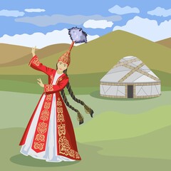 Vector image of a dancing girl in a Kazakh national costume