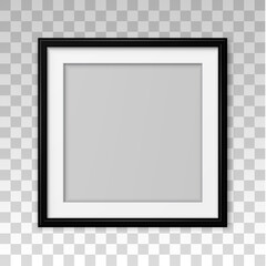 Fototapeta premium Square mockup black frame photo on wall. Mock up artwork picture framed. Horizontal boarder. Empty board photoframe. Modern stylish 3d border. Design prints poster, blank, painting image. Vector