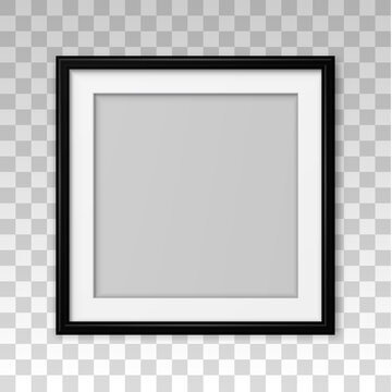 Square mockup black frame photo on wall. Mock up artwork picture framed. Horizontal boarder. Empty board photoframe. Modern stylish 3d border. Design prints poster, blank, painting image. Vector