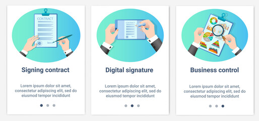 Modern flat illustrations in the form of a slider for web design. A set of UI and UX interfaces for the user interface.Contract signing, electronic signature and business controltranslations, GPS navi