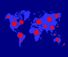 Globe and red coronavirus on blue background, vector illustration