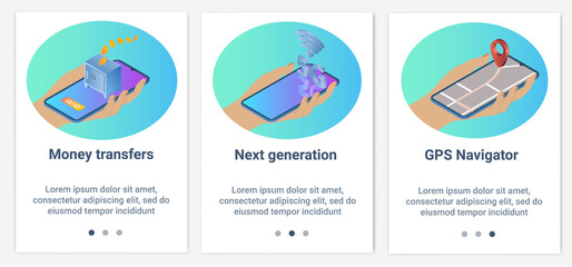 Modern flat illustrations in the form of a slider for web design. A set of UI and UX interfaces for the user interface.Money transfers, GPS navigation.