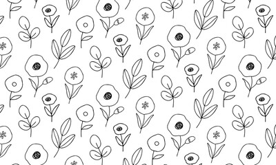 手描き風　花柄　シームレスパターン　線のみ