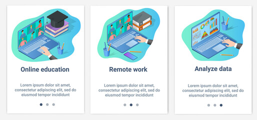 Modern flat illustrations in the form of a slider for web design. A set of UI and UX interfaces for the user interface.Online education, remote work, and data analysis.