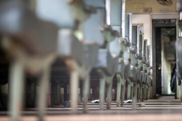 The passenger seat in an old train carriage.Old Thai train.shallow focus effect.