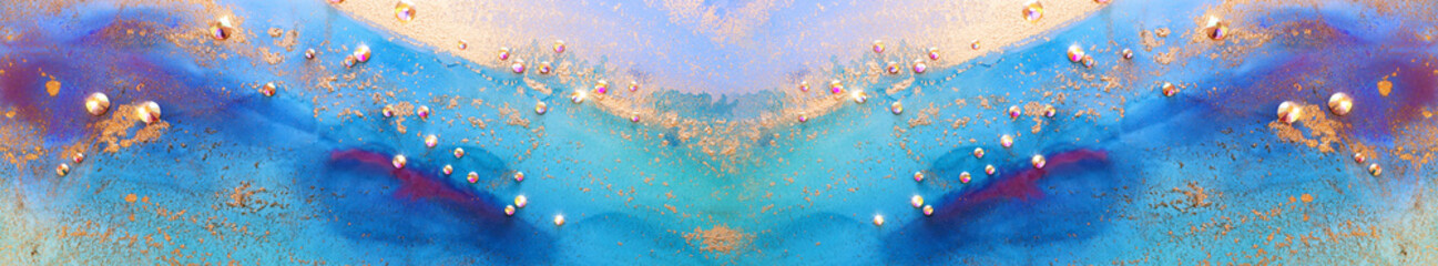 art photography of abstract fluid art painting with alcohol ink blue, aqua, gold colors and crystal rhinestones