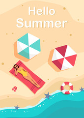 woman lying and sunbathing on the beach. Minimalist vector mockup background. Hello summer