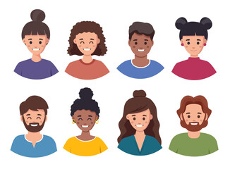 male and female faces avatars. flat style vector icons set happy people