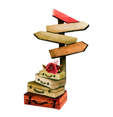 Watercolor travel illustration of pile of luggages, guide-post and red rose suitable for printing on greeting cards, invitations, scrapbooking pages, banners, magazine pages, books, etc.