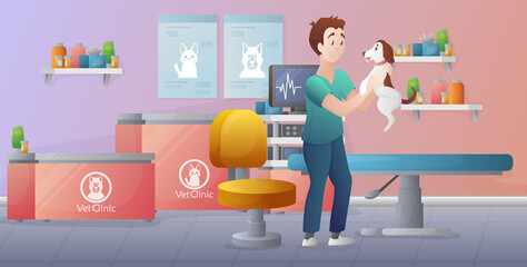 Veterinarian in vet clinic admission office. Colorful illustration of pet clinic. Animal hospital with doctor.
