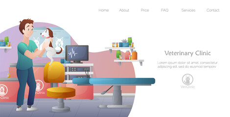 Concept of vet clinic mainpage for website. Colorful illustration of pet clinic with veterinarian. Animal hospital with doctor.
