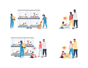 Family adopting pet from shelter flat color vector detailed character set. Charity organization. Homeless animal rescue isolated cartoon illustration for web graphic design and animation collection