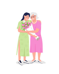 Happy elderly mother with adult daughter flat color vector detailed characters. Granny with granddaughter hugging. Mothers day isolated cartoon illustration for web graphic design and animation