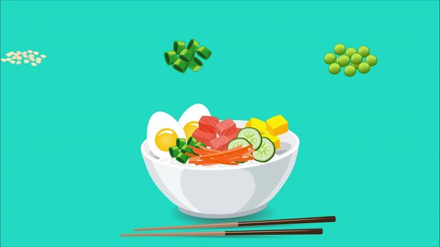 Hawaiian Poke Bowl with salmon and vegetables. Video menu design. Animation of ingredients are poured into bowl