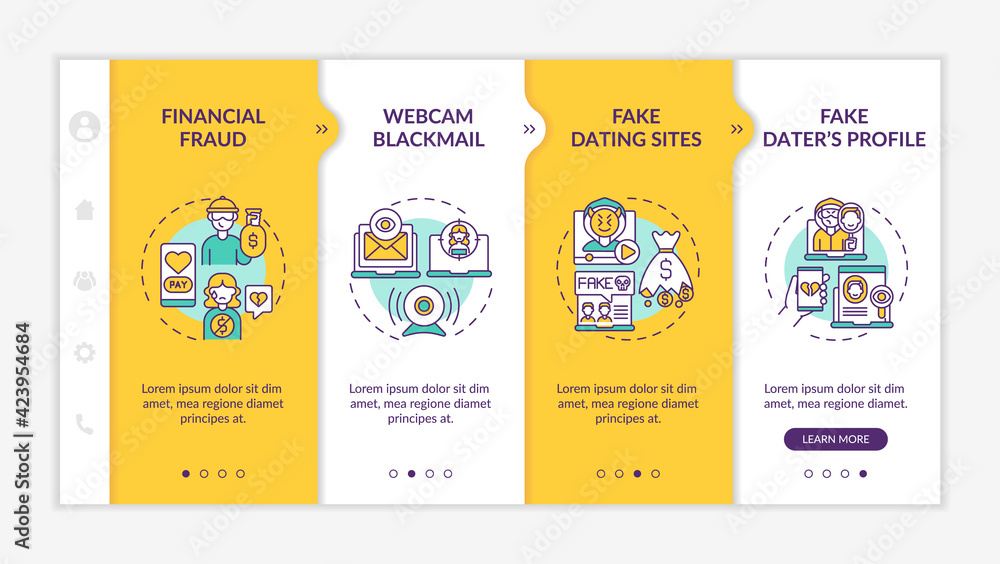 Poster online dating risks onboarding vector template. responsive mobile website with icons. web page walkt