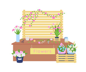 Florist workshop 2D vector web banner, poster. Flower shop flat scene on cartoon background. Working on bouquet arrangement from daisies, roses printable patch, colorful web element