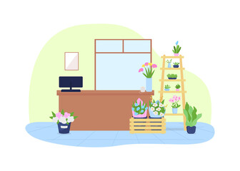 Flower shop interior 2D vector web banner, poster. Purchase bouquet from small business. Florist store flat scene on cartoon background. Inside kiosk printable patch, colorful web element