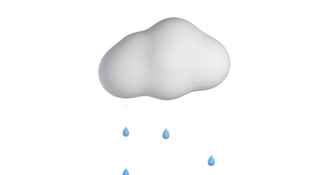 Loop video. Icon. Rain cloud on white background. Blue raindrops falling. Luma mask. Compositing element