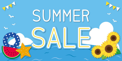 海と青空のサマーセール広告　バナー　横長（サイズ比率1:2）　Summer Sale Banners