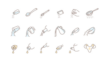 Instructions how to Add Salt, Eggs, Milk and other Cooking Ingredients. Kitchen Measurement for Liquids and Dry Ingredients. Various Dishes Directions. Flat Line Vector Illustration and Icons set.