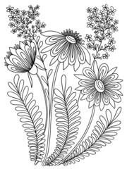 flowers bouquet coloring plant graphics vector outline illustration isolated on white background doodle sketch book page for kids and adults anti stress