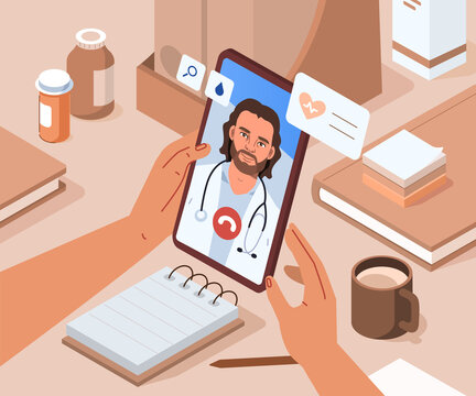 Hands Holding Smartphone with Video Call on Screen. Patient having Online Conversation with Doctor. Modern Health Care Services and Online Telemedicine Concept. Flat Isometric Vector Illustration.