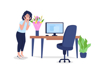 Woman surprised by bouquet at workplace flat color vector detailed character. Vase on desktop. Flower delivery to office isolated cartoon illustration for web graphic design and animation