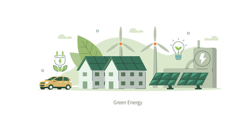 Modern Eco Private Houses with Windmills and Solar Energy Panels and Electric Car near Charging Station. Eco Home Powered by Green Renewable and Solar Energy. Flat Cartoon Vector Illustration.