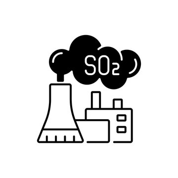 Power plant black linear icon. Largest source of SO2 in atmosphere is burning of fossil fuels by power plants. Outline symbol on white space. Vector isolated illustration
