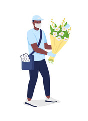 African american delivery man with flowers in face mask flat color vector detailed character. Safe service. Bouquet delivery isolated cartoon illustration for web graphic design and animation