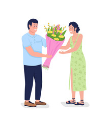 Caucasian man giving happy woman flowers flat color vector detailed characters. Boyfriend with bouquet. Receive romantic gift isolated cartoon illustration for web graphic design and animation