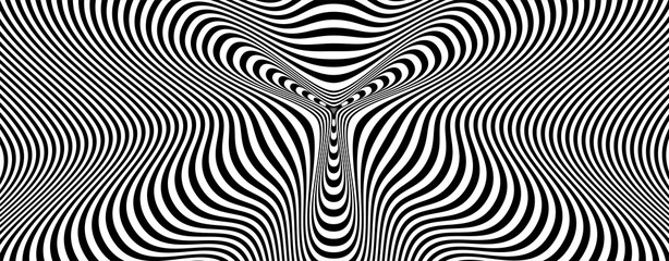 Abstract hypnotic pattern with black-white striped lines. Psychedelic background. Op art, optical illusion. Modern design, graphic texture.