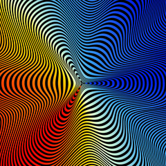 Abstract hypnotic pattern with multi-colored striped lines. Psychedelic background. Op art, optical illusion. Modern design, graphic texture.