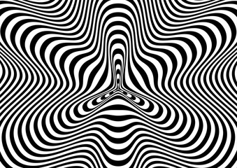 Abstract hypnotic pattern with black-white striped lines. Psychedelic background. Op art, optical illusion. Modern design, graphic texture.